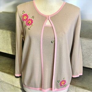 NWT Joseph A Taupe & Baby Pink Floral Embroidered Y2K Tank Top & Jacket Set L/XL